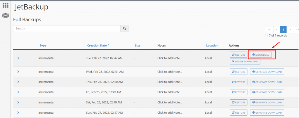 Hướng dẫn tải Full Backups trong Jetbackup - Hướng dẫn TENTEN