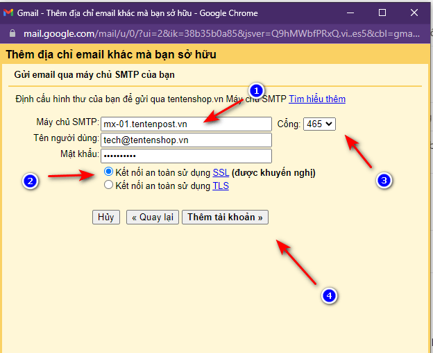 cài đặt thông số email